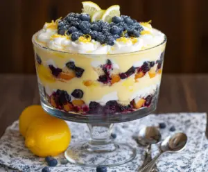 Delicious Lemon Blueberry Trifle with layers of fresh blueberries, lemon-flavored cream, and graham cracker crumbs.