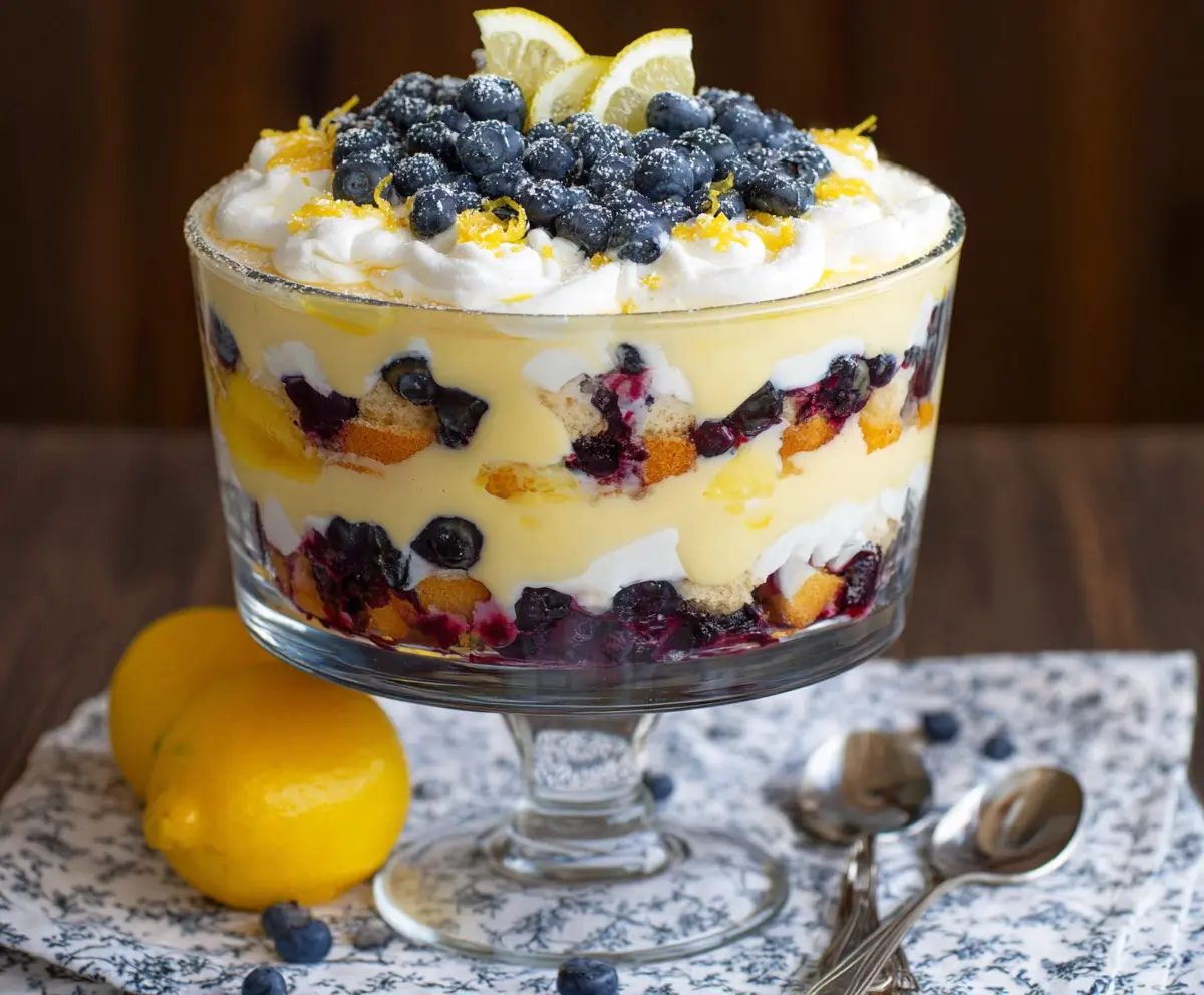 Delicious Lemon Blueberry Trifle with layers of fresh blueberries, lemon-flavored cream, and graham cracker crumbs.