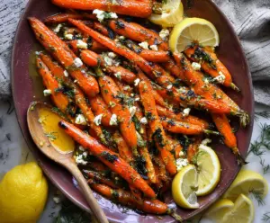 Delicious Lemon Dijon Roasted Carrots garnished with fresh herbs on a rustic plate.