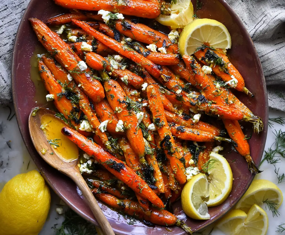 Delicious Lemon Dijon Roasted Carrots garnished with fresh herbs on a rustic plate.