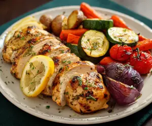 Delicious Lemon Herb Chicken served with colorful roasted vegetables on a plate