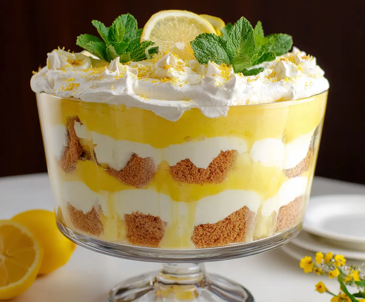 Delicious Lemon Lush Trifle in a glass bowl with layers of lemon pudding, whipped cream, and graham cracker crust.