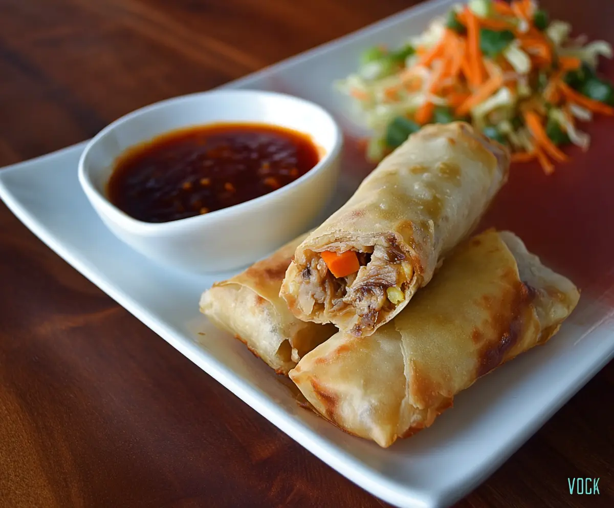 Delicious Lo Mein Spring Rolls with fresh vegetables and savory dipping sauce.