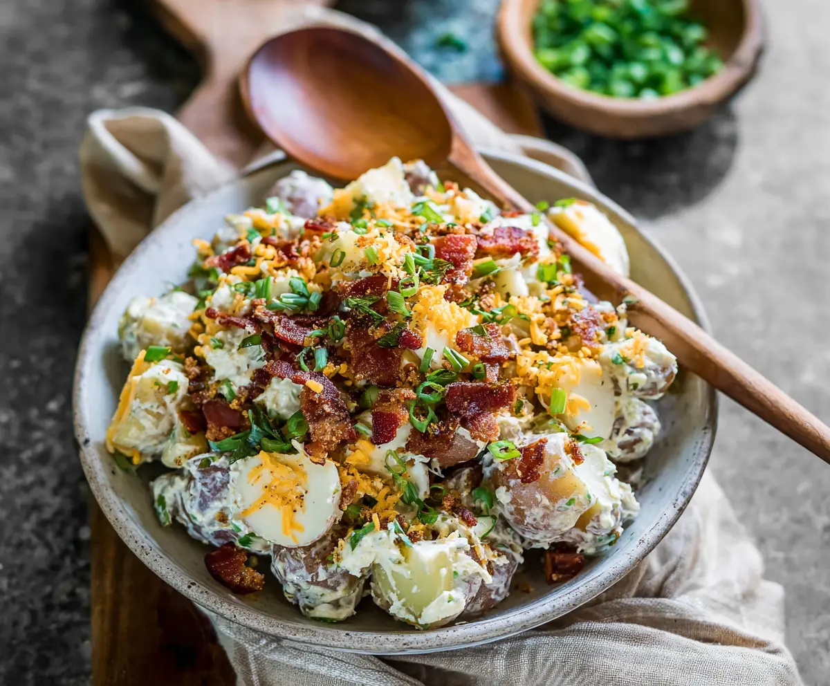 Delicious loaded potato salad with crispy bacon, shredded cheese, and green onions, perfect for summer gatherings