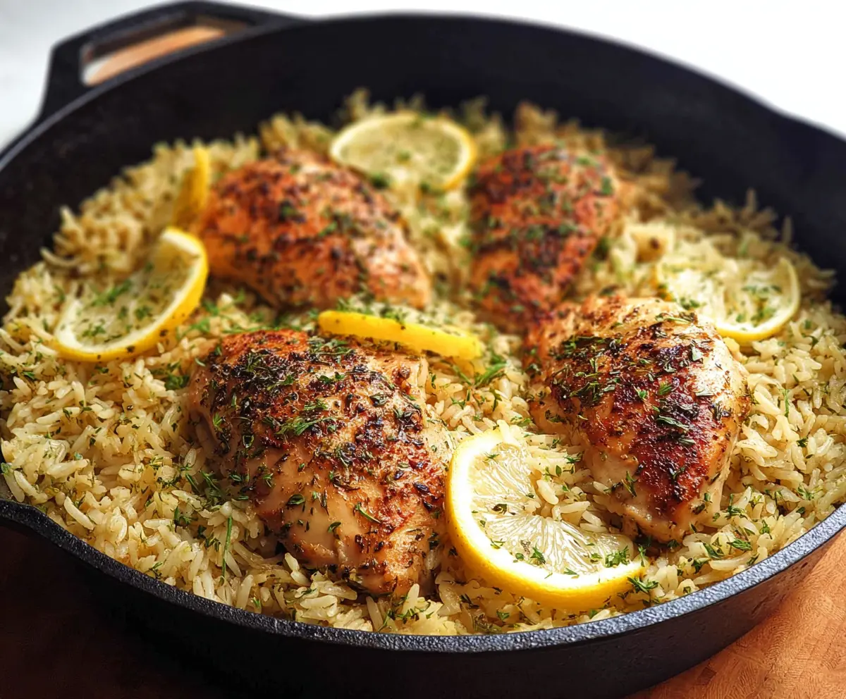 Delicious one-pan lemon herb chicken and rice dish ready to serve.
