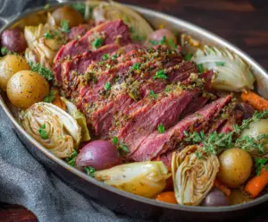 Delicious oven roasted corned beef with tender cabbage served on a plate