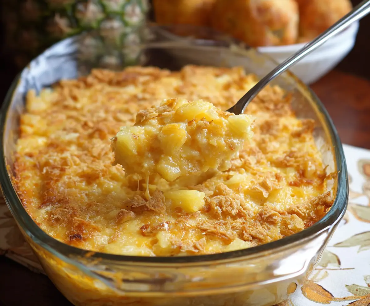 Delicious Pineapple Cheese Casserole with melted cheese and fresh pineapple chunks