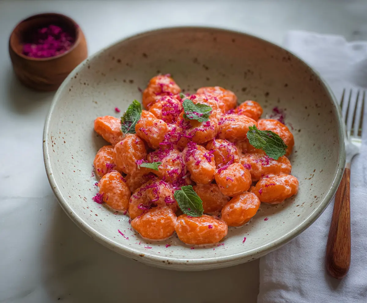 Colorful pink gnocchi pasta served on a white plate with garnishes for a vibrant Italian dish