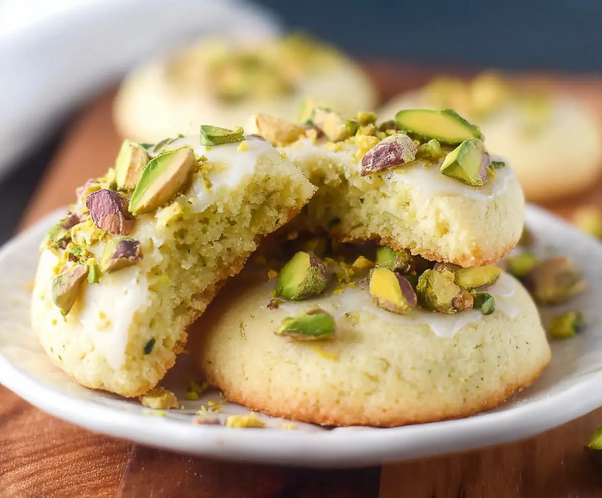 Delicious Pistachio Lemon Cookies fresh out of the oven, showcasing a vibrant lemon glaze and chopped pistachios on top.