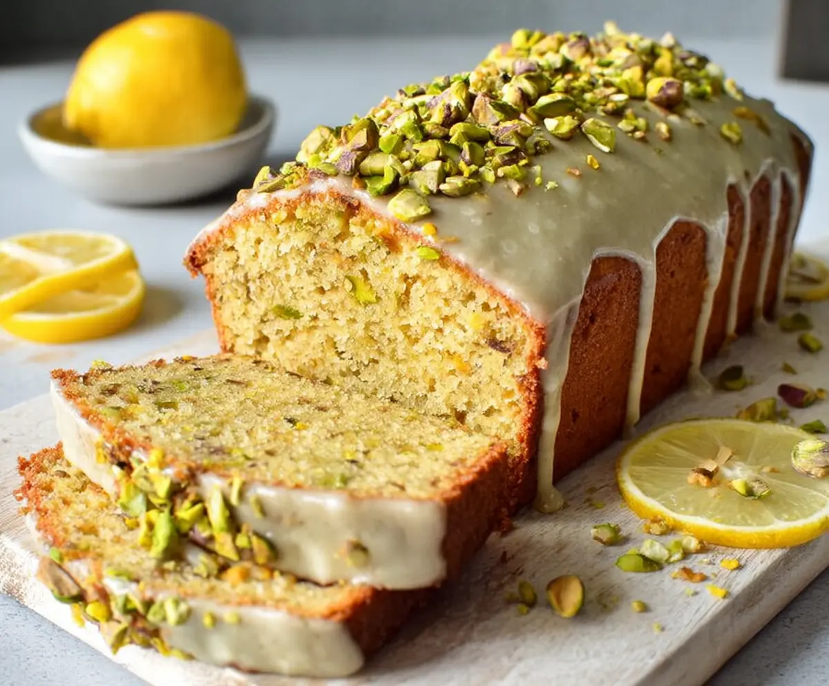 Delicious Pistachio Lemon Pound Cake sliced on a plate with a lemon wedge and pistachios
