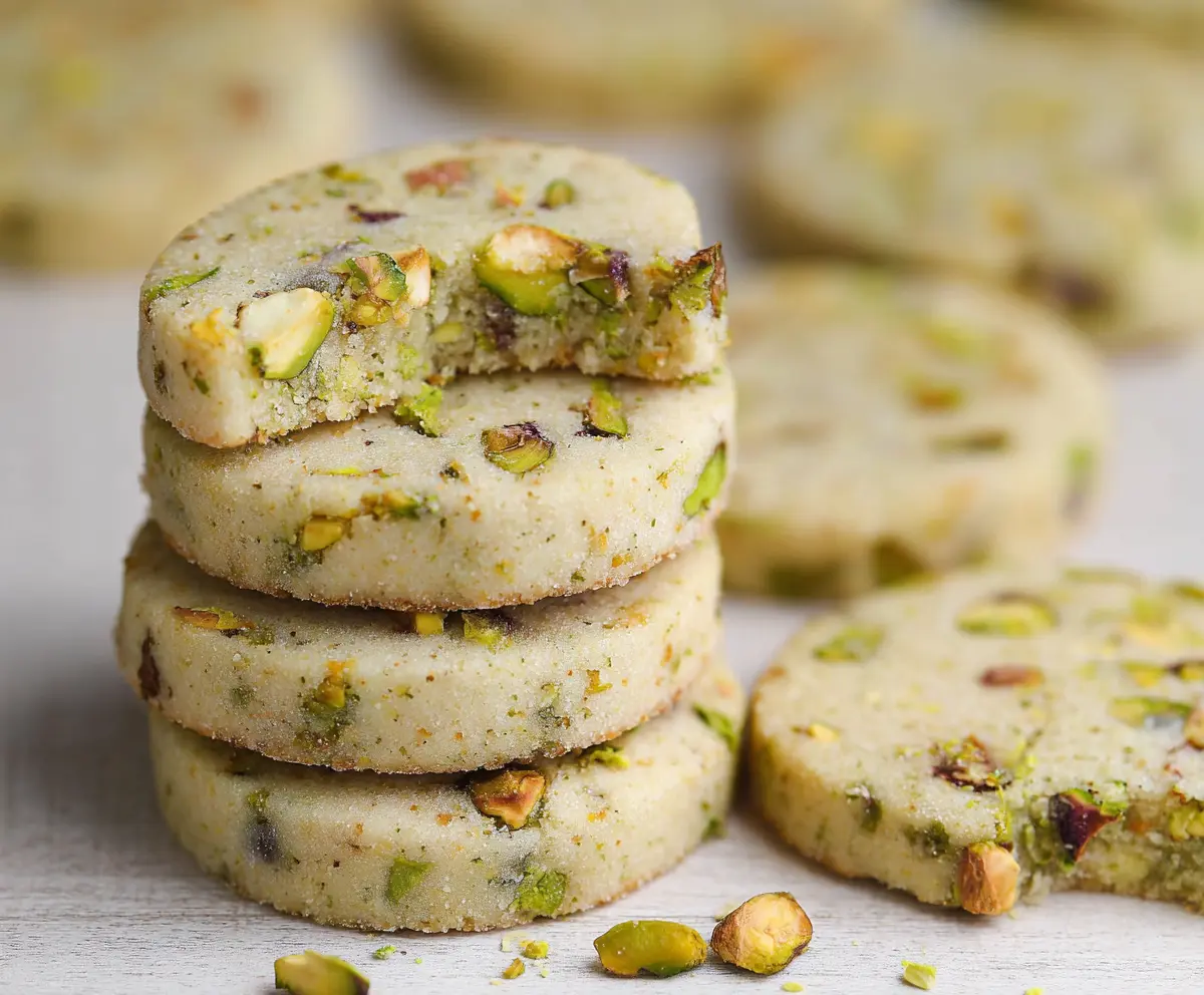 Delicious homemade pistachio shortbread cookies on a white platter, perfect for customizing with festive toppings.