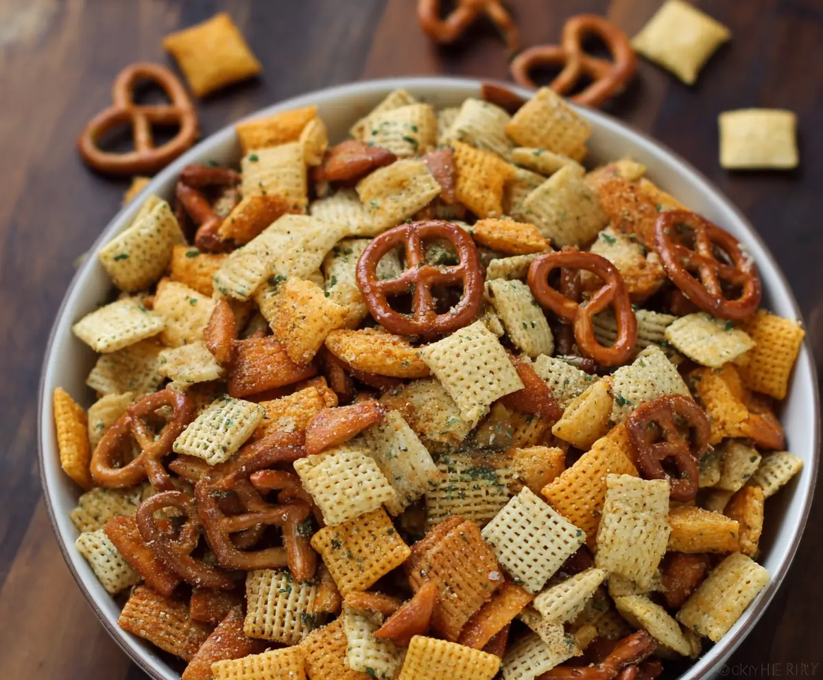 Crunchy Ranch Chex Mix with pretzels, nuts, and savory seasoning on a serving bowl.