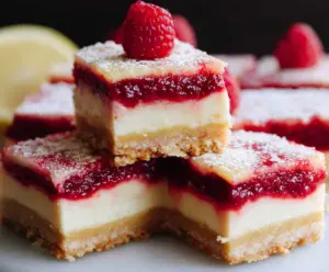 Delicious Raspberry Lemon Cheesecake Bars with a crumbly crust and fresh fruit topping.
