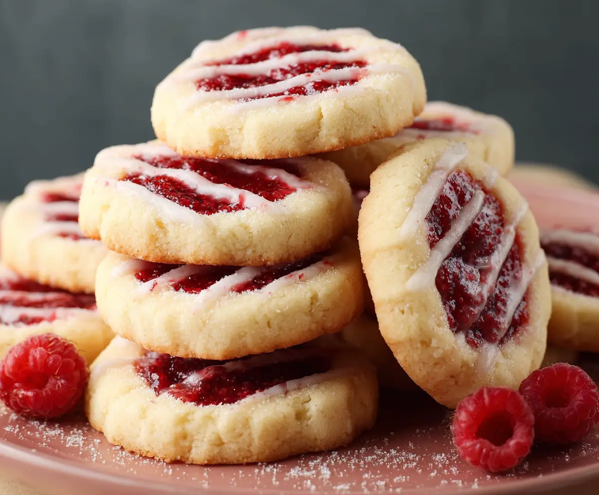 Delicious Raspberry Shortbread Cookies arranged on a plate, perfect for dessert or tea time.