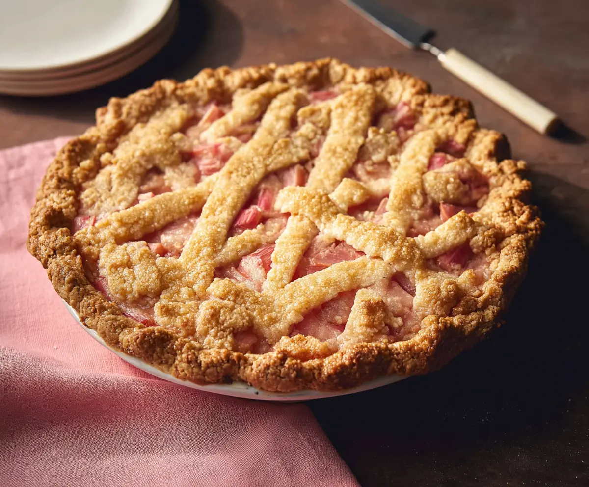 Fresh homemade rhubarb pie with golden crust served on a rustic wooden table.