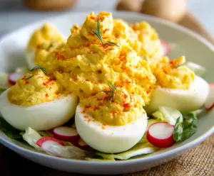 Salad Deviled Eggs with fresh greens and colorful toppings on a white plate
