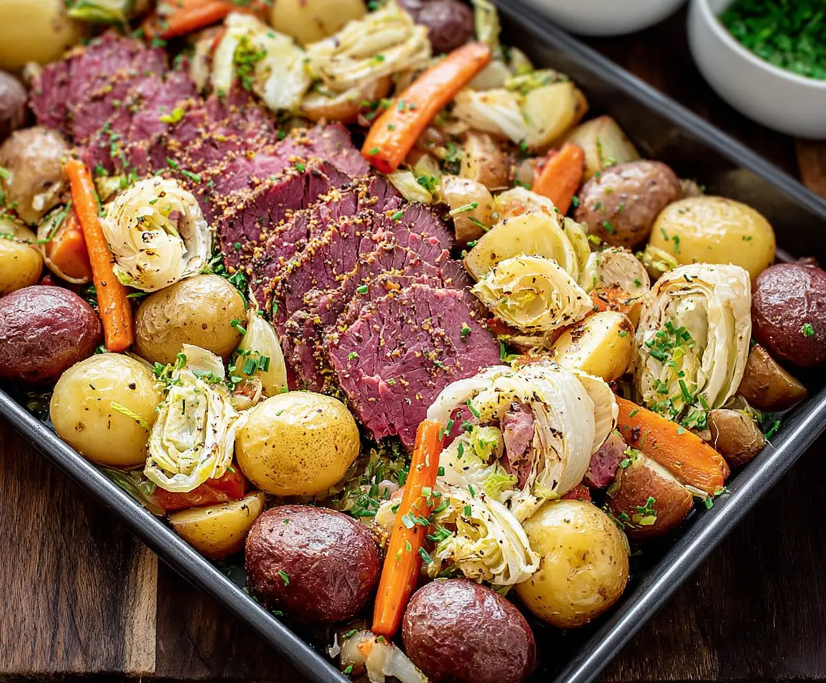 Delicious sheet pan corned beef with crispy vegetables and seasoning ready to serve.