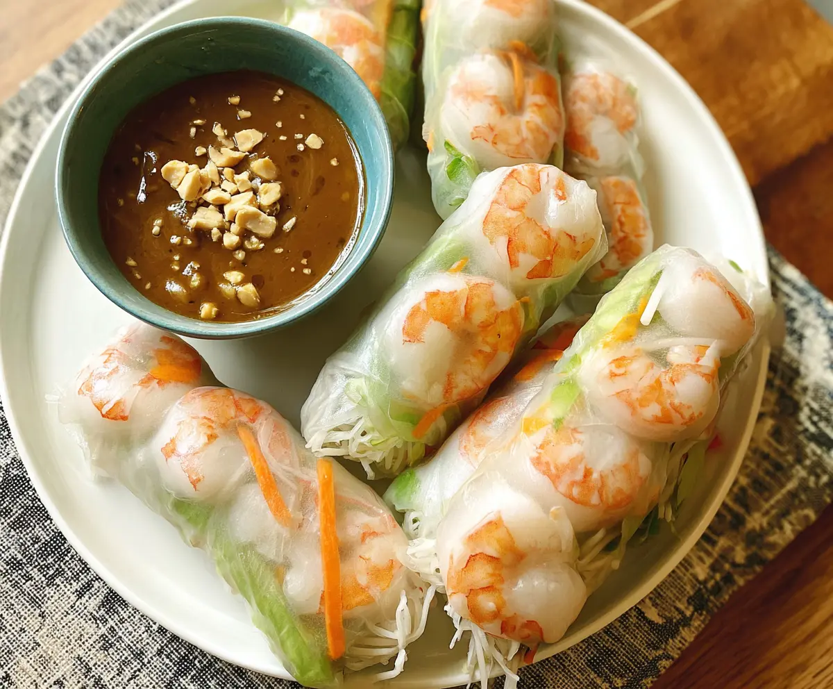 Fresh shrimp spring rolls with vibrant vegetables and peanut sauce for a delicious appetizer