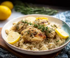 Delicious slow cooker lemon herb chicken served with fluffy rice and fresh herbs.