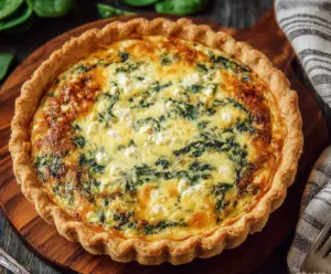 Delicious spinach and feta quiche served fresh with a golden crust and vibrant greens.