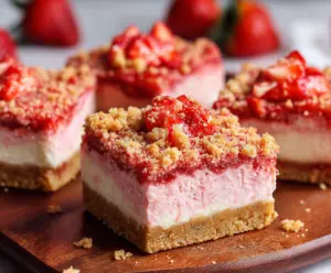 Delicious strawberry shortcake cheesecake bars with fresh strawberries and creamy layers.