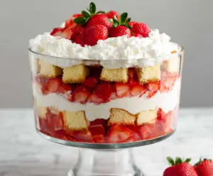 Delicious Strawberry Shortcake Trifle with layers of fresh strawberries, cream, and sponge cake.