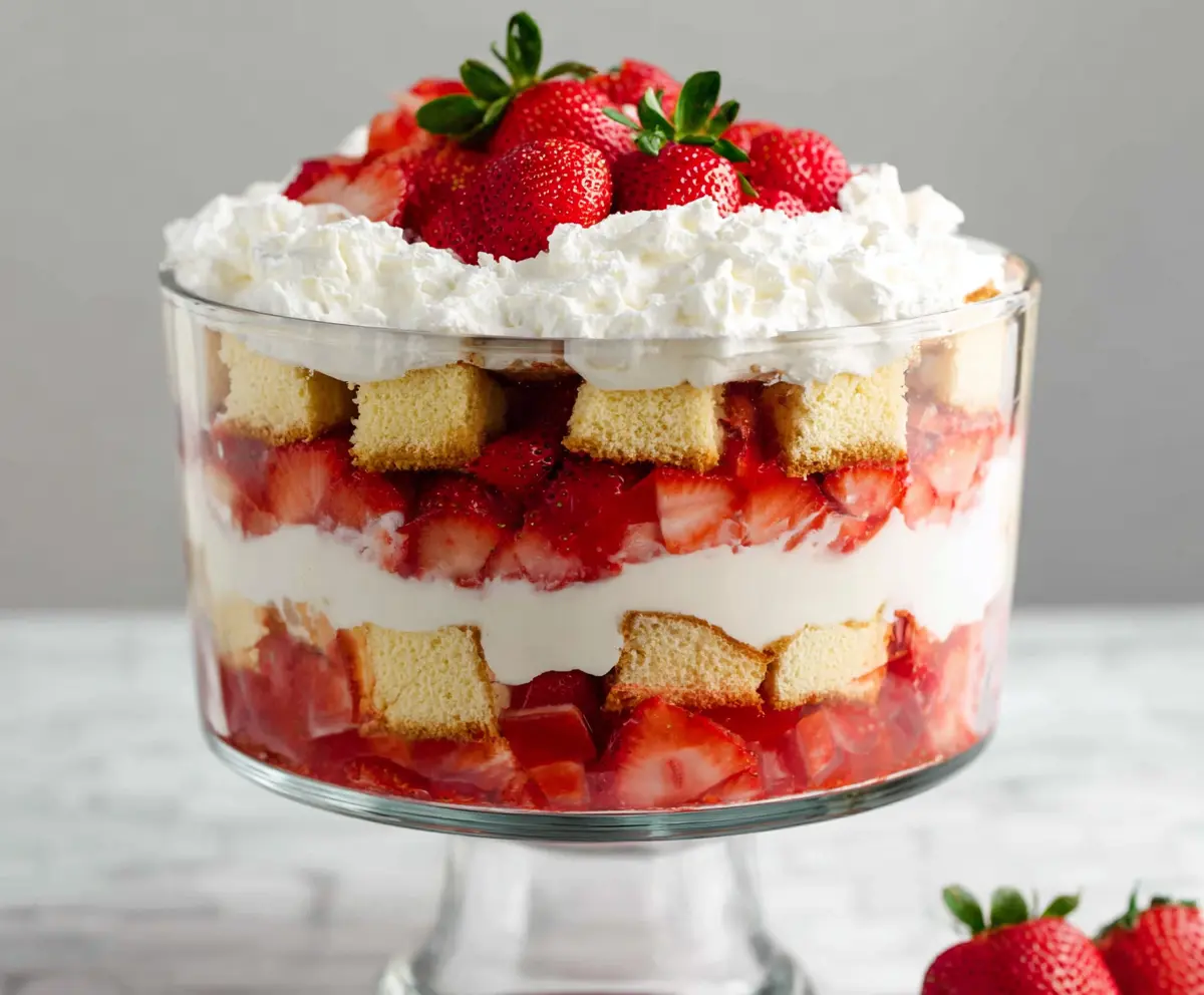 Delicious Strawberry Shortcake Trifle with layers of fresh strawberries, cream, and sponge cake.