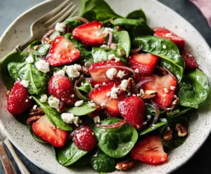 Fresh strawberry spinach salad with feta cheese and balsamic vinaigrette on a white plate.