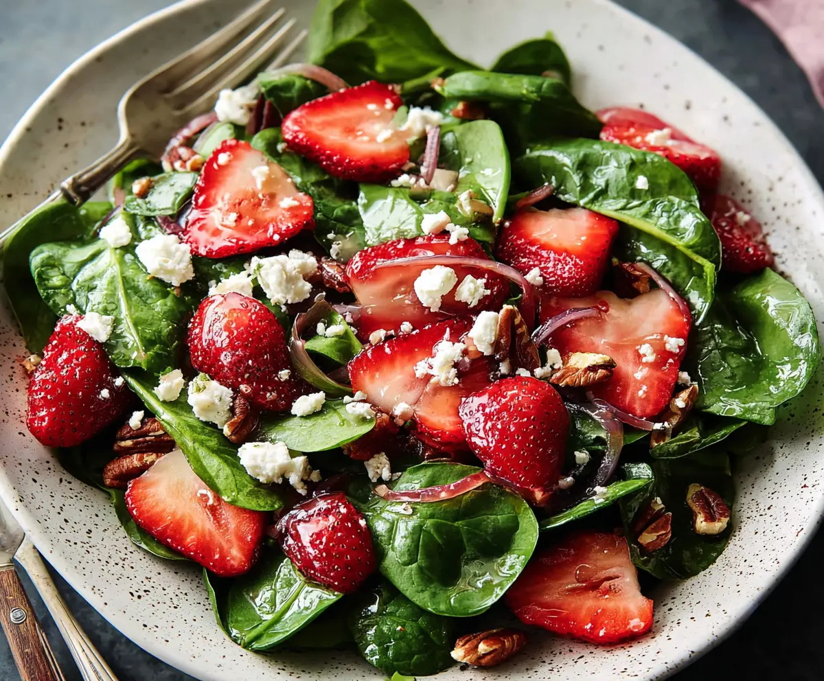 Fresh strawberry spinach salad with feta cheese and balsamic vinaigrette on a white plate.