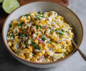 Delicious Street Corn Salad with Greek Yogurt served in a bowl, garnished with fresh herbs and spices.