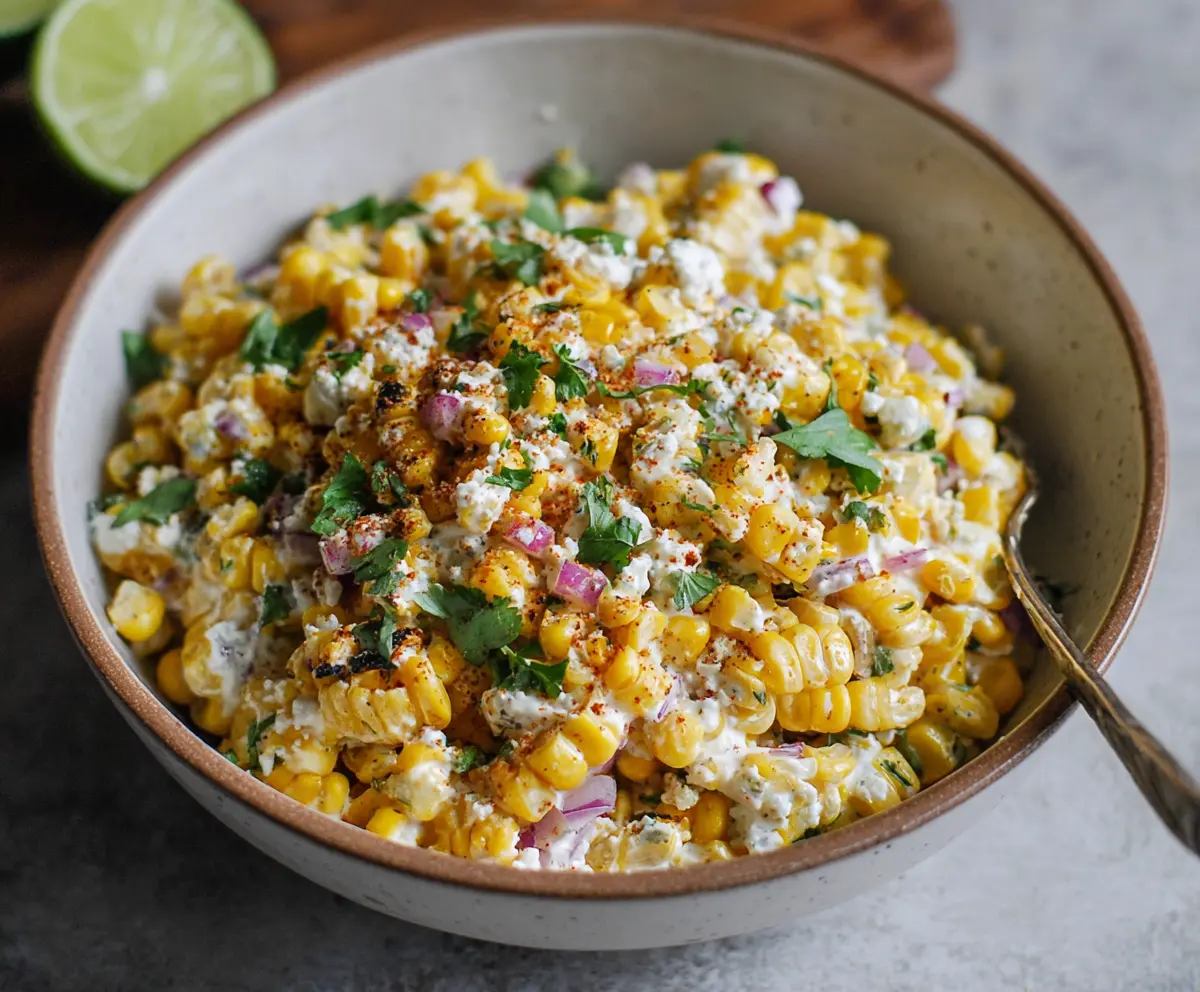 Delicious Street Corn Salad with Greek Yogurt served in a bowl, garnished with fresh herbs and spices.