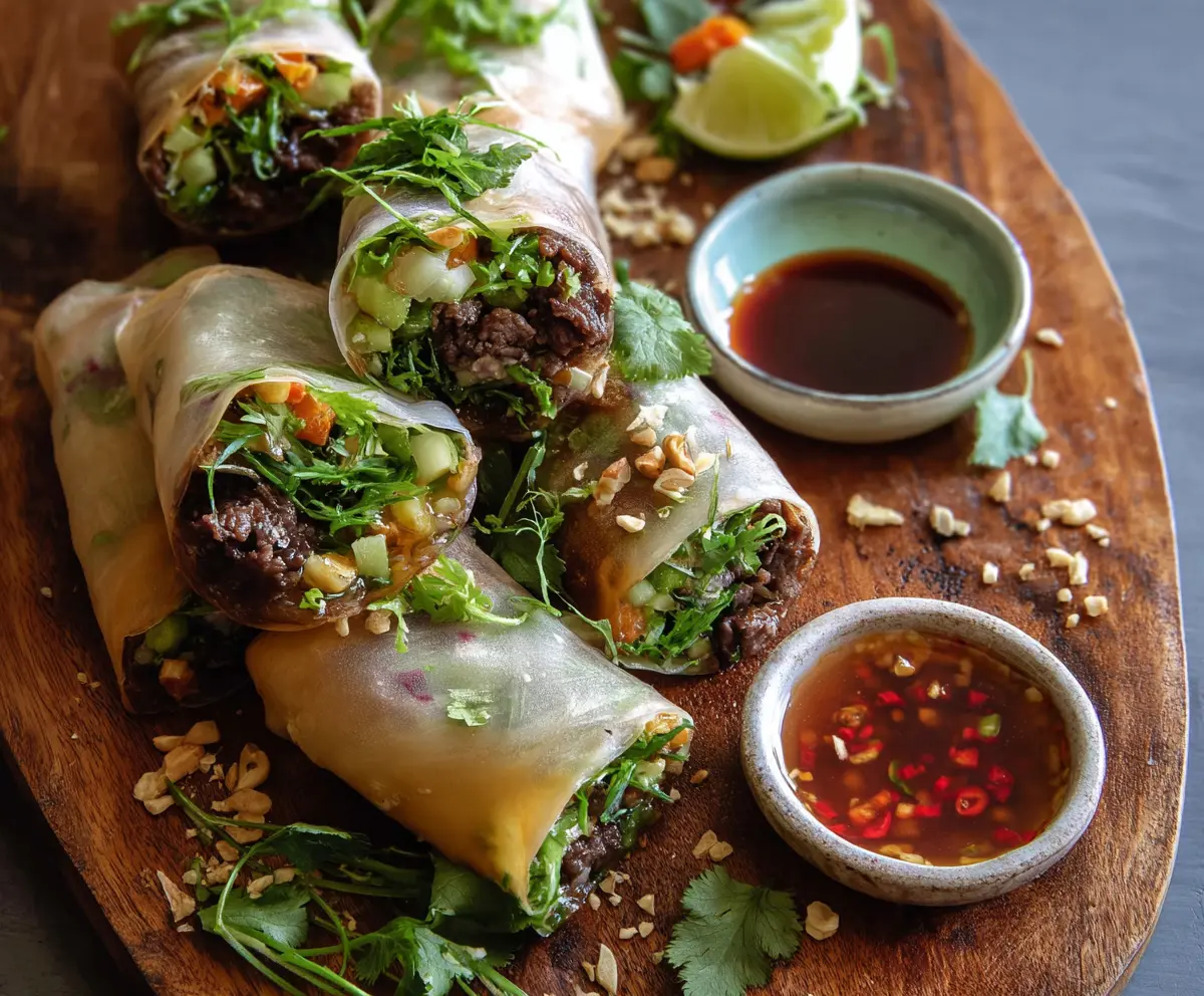 Delicious Thai Beef Spring Rolls filled with fresh herbs and tender beef slices ready to serve.