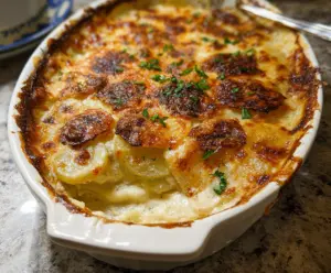 Delicious three cheese scalloped potatoes baked to perfection with a golden crust