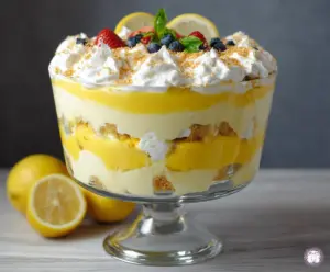 Delicious Vanilla Lemon Trifle layered with creamy vanilla pudding, fresh lemon slices, and fluffy whipped cream.