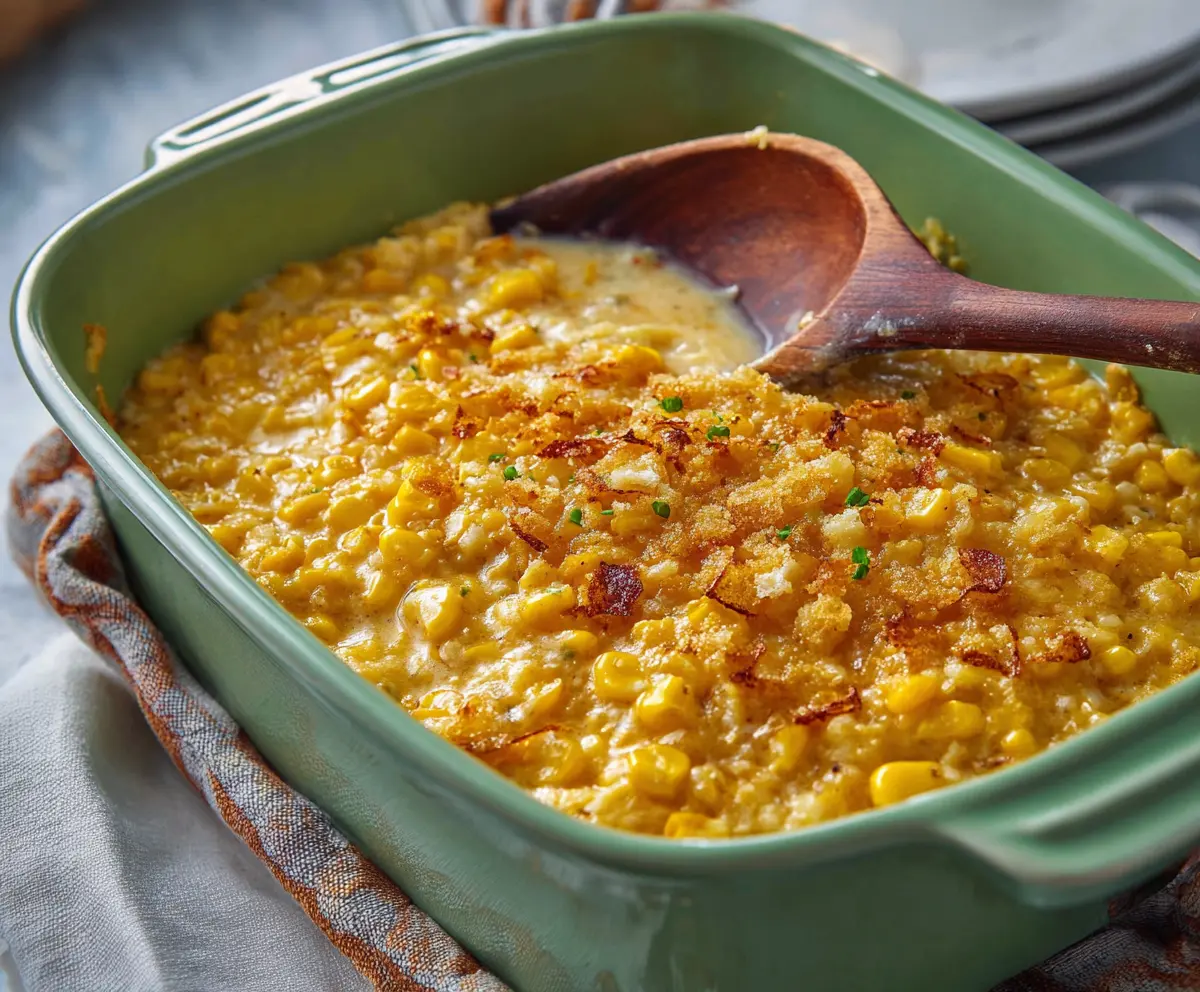 Delicious creamy scalloped corn dish with tender corn kernels and rich sauce, perfect for family dinners.
