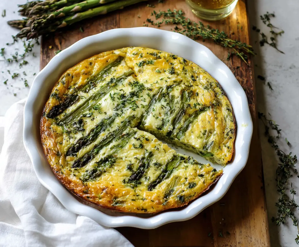 Delicious crustless asparagus quiche with fresh green asparagus and melted cheese.