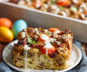 Hearty Easter Breakfast Bake with eggs, cheese, and vegetables in a baking dish