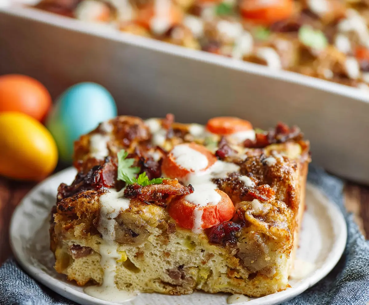 Hearty Easter Breakfast Bake with eggs, cheese, and vegetables in a baking dish