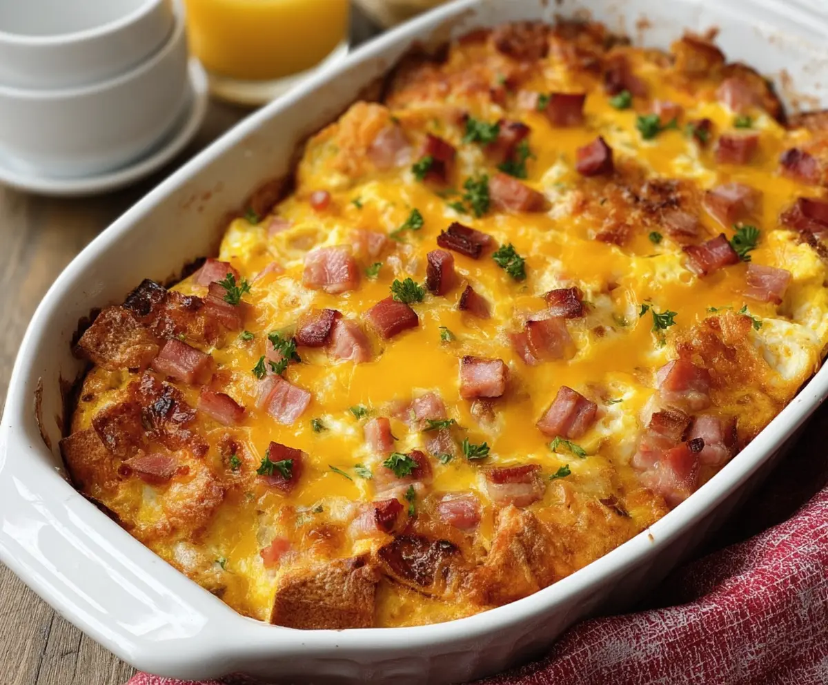 Delicious Easter cheesy ham and egg casserole served in a baking dish with fresh herbs.