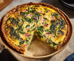 Delicious Easter ham and spinach quiche with golden crust, perfect for holiday brunch.