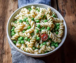 Bright and fresh English Pea Pasta Salad with colorful vegetables and herbs.