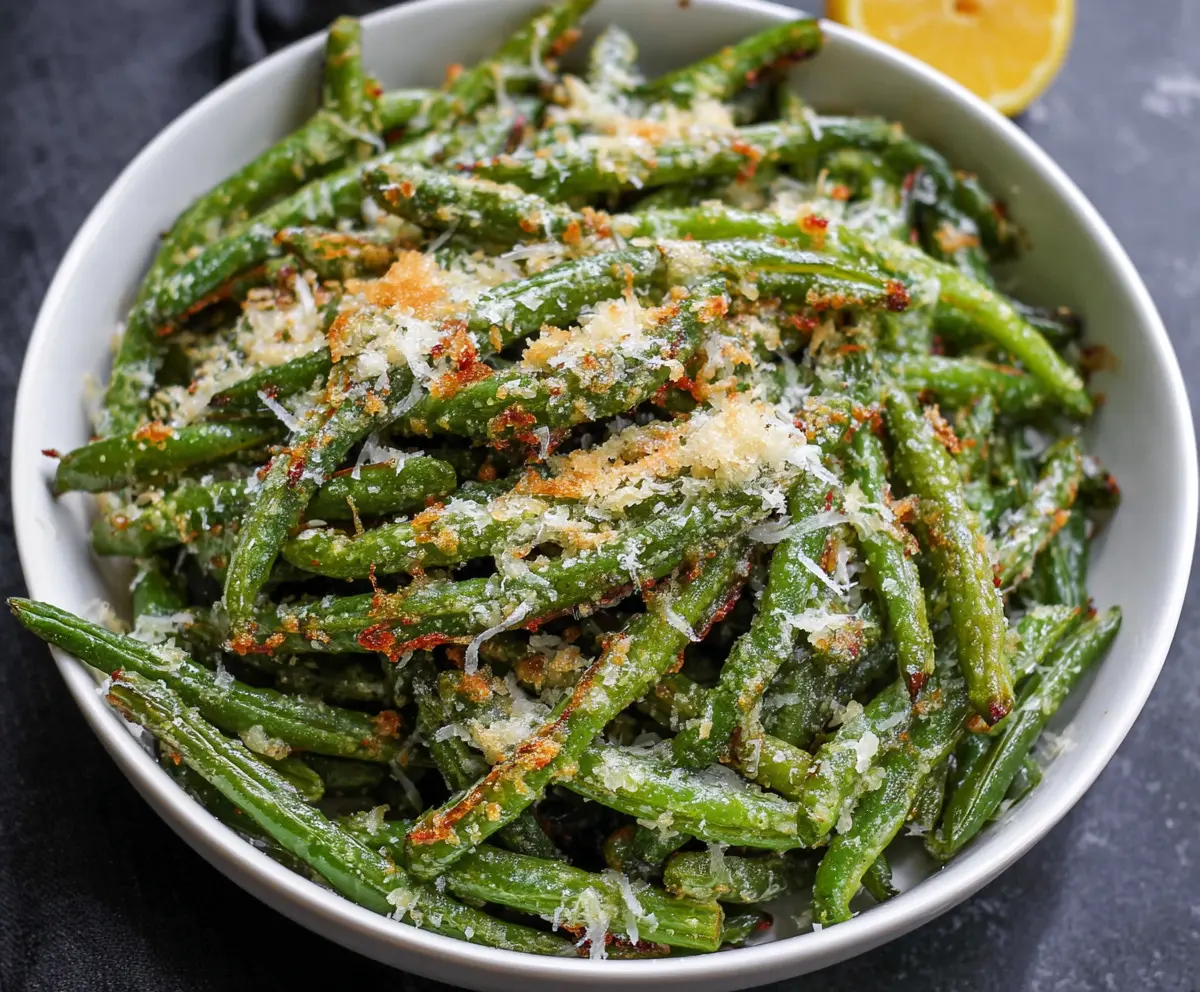 Delicious garlic Parmesan green beans ready to serve as a savory side dish.