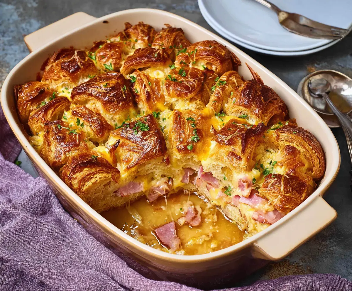 Delicious ham and cheese croissant brunch bake served fresh, perfect for breakfast or brunch gatherings.