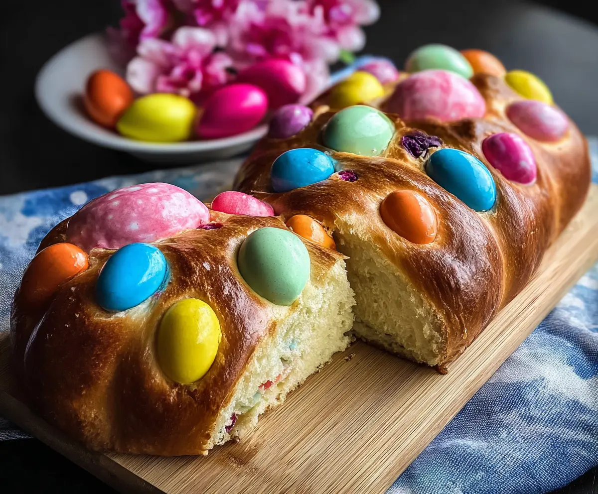 Delicious Italian Easter bread decorated with colorful eggs, perfect for celebrating spring holidays.