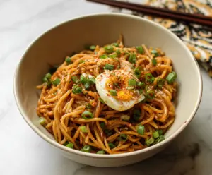 Bowl of savory Korean garlic noodles garnished with chopped scallions and sesame seeds.