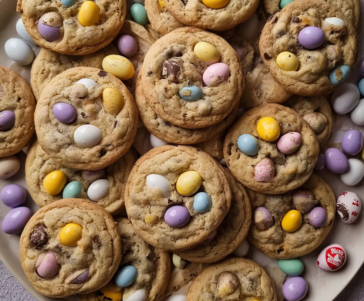 Delicious mini egg cookies with colorful chocolate eggs and a crispy texture