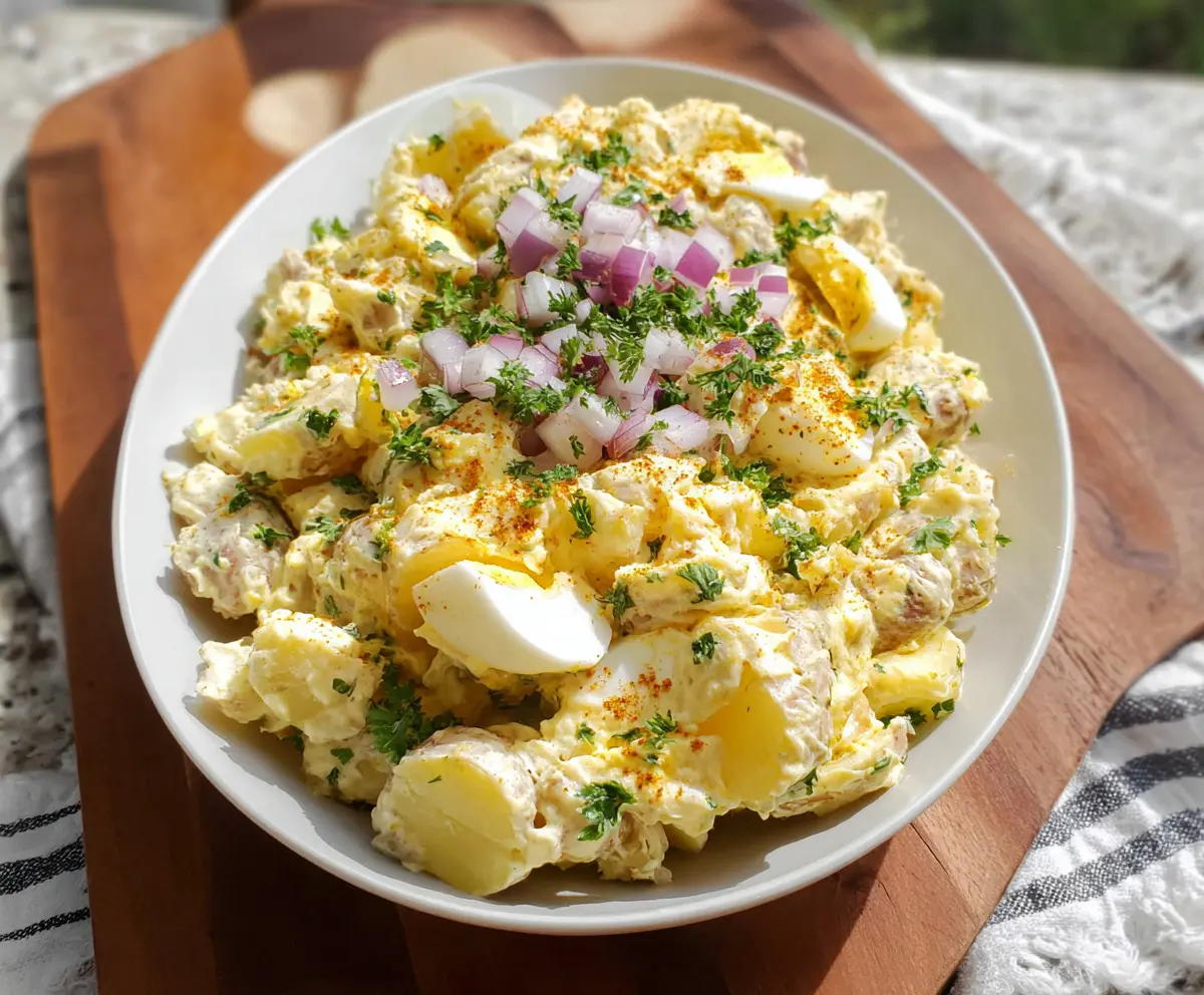 Creamy potato salad with fresh herbs and chopped vegetables on a wooden table.