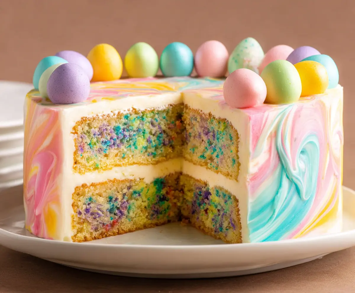 Colorful swirled Easter cake with festive frosting and sprinkles for celebration.