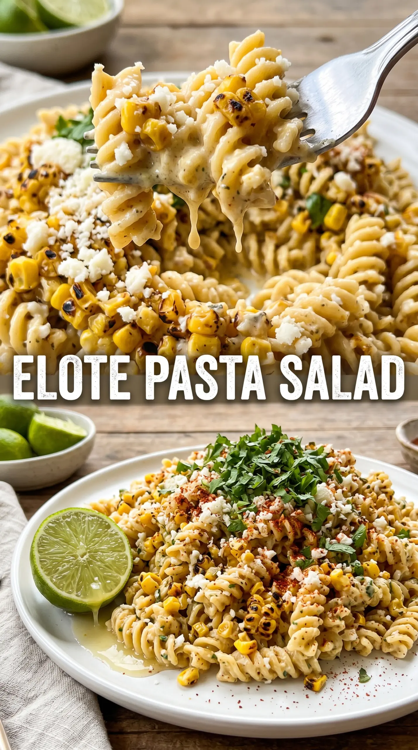Creamy Street Corn Pasta Salad with charred corn, cotija, and lime