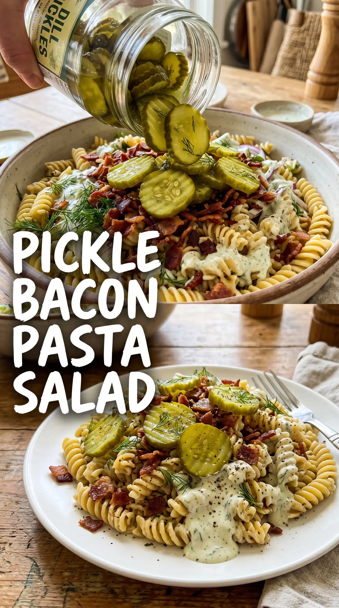 Dill Pickle Bacon Pasta Salad tangy creamy crunchy